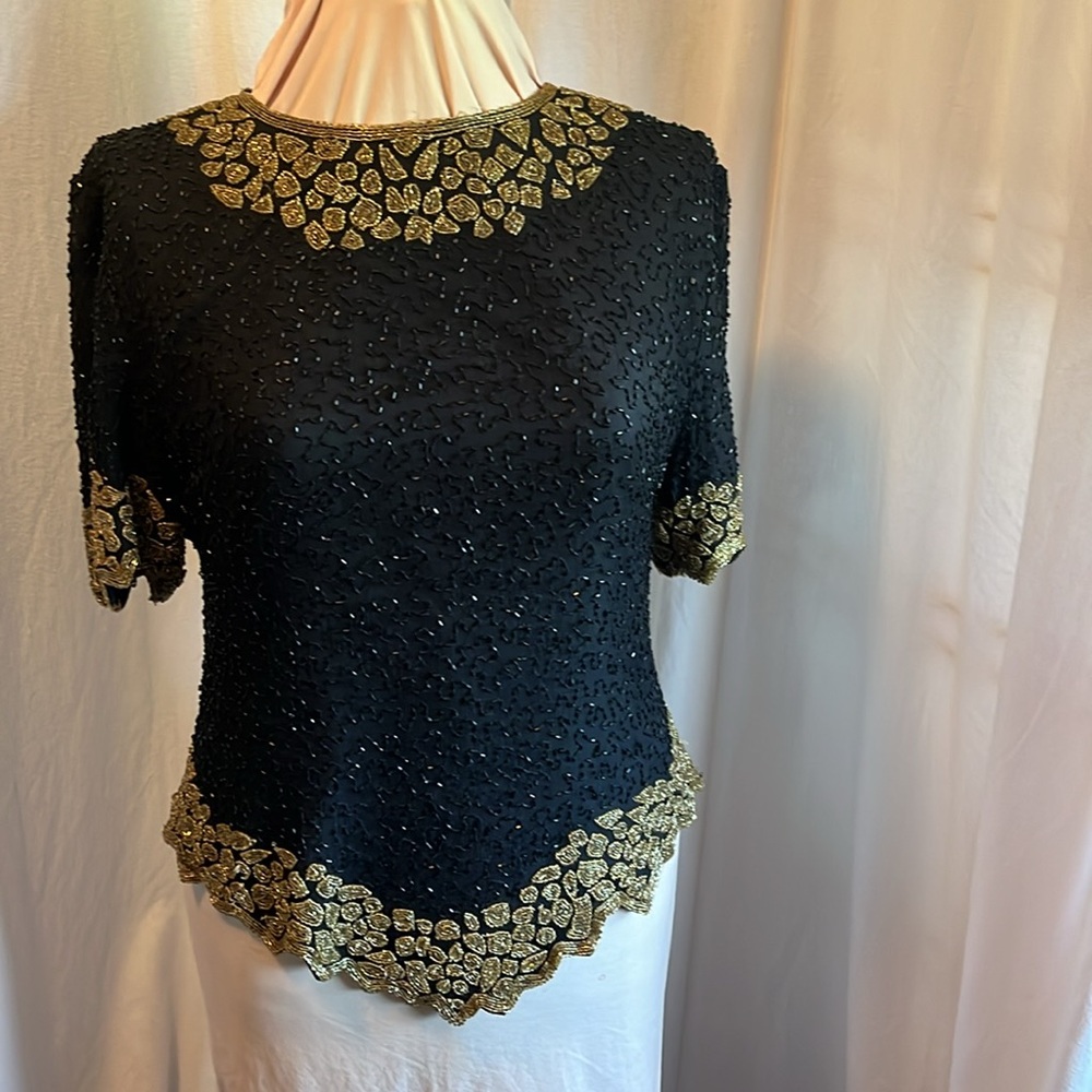 Vintage Laurence Kazar Black and Gold Sequin and Silk Top Fits size M